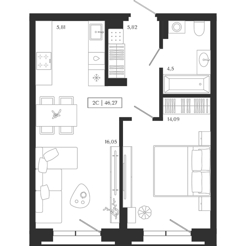 Планировка — Unity Center, 2-комн., 46 м²