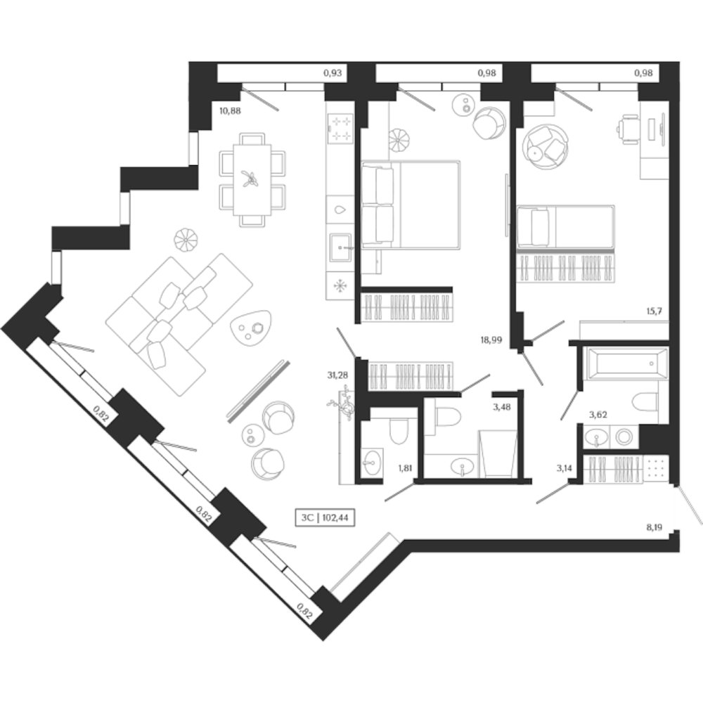 Планировка — Unity Center, 3-комн., 97 м²