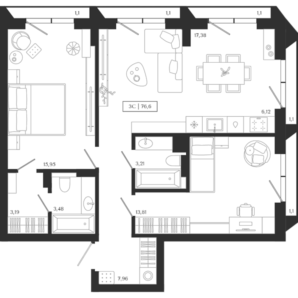 Планировка — Unity Center, 3-комн., 71 м²