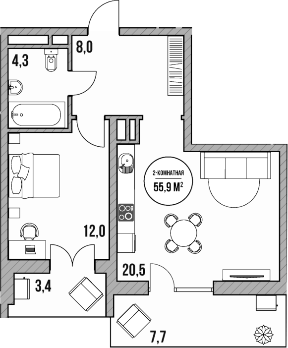 Планировка — МореТут, 2-комн., 45 м²