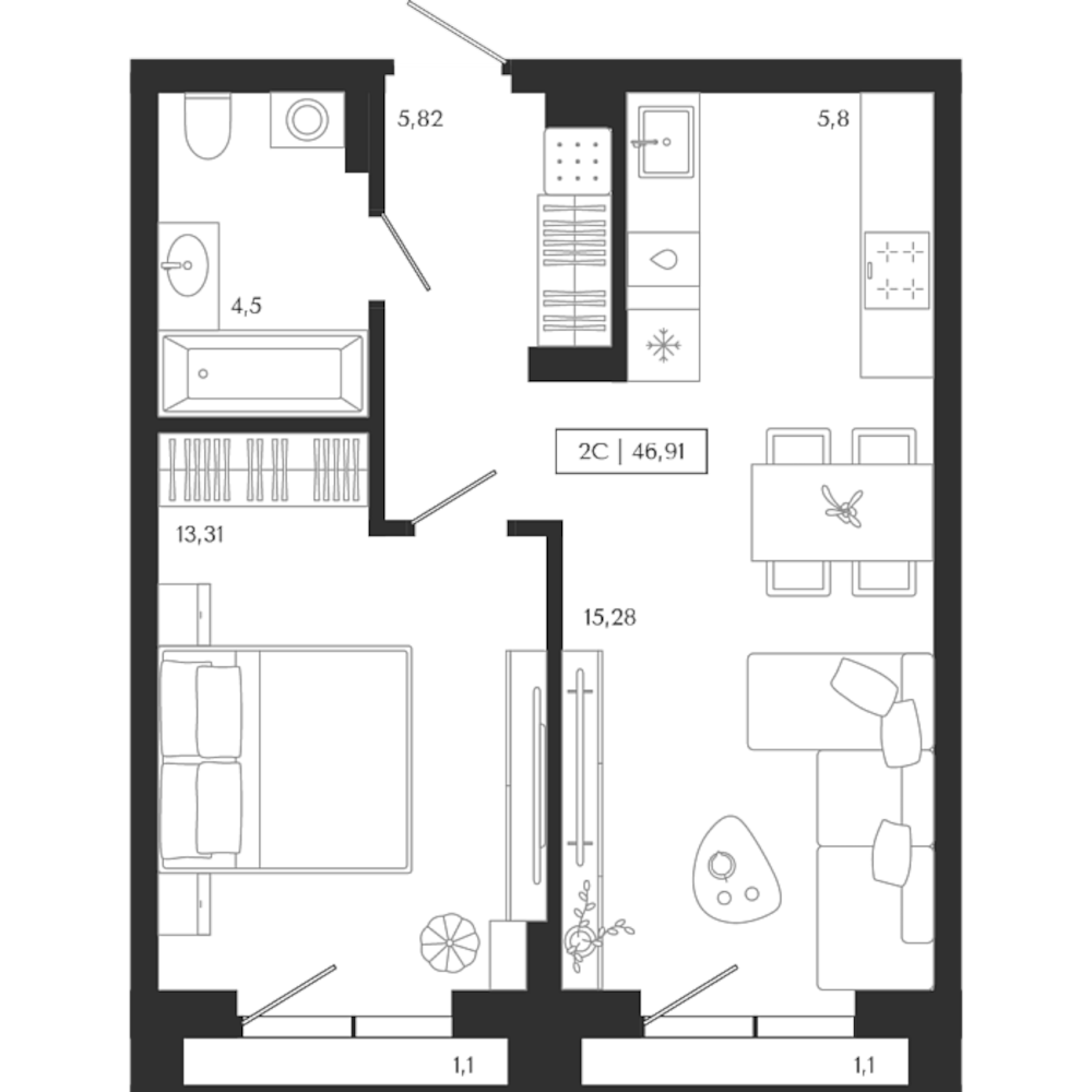 Планировка — Unity Center, 2-комн., 45 м²