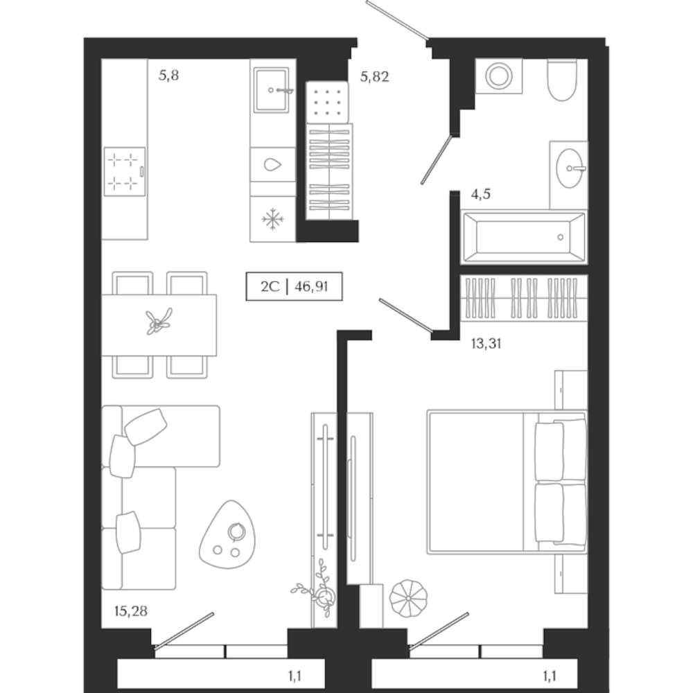 Планировка — Unity Center, 2-комн., 45 м²