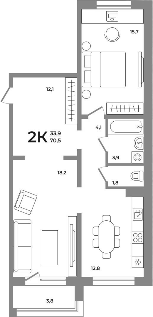 Планировка — Сергиев Пассаж на Беловежской, 2-комн., 70 м²