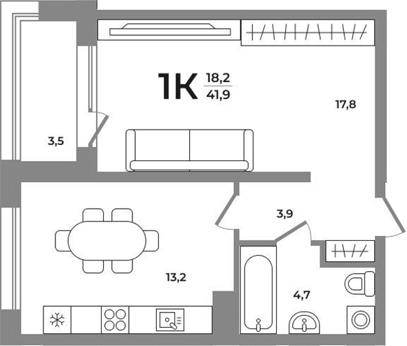 Планировка — Сергиев Пассаж на Беловежской, 1-комн., 40 м²