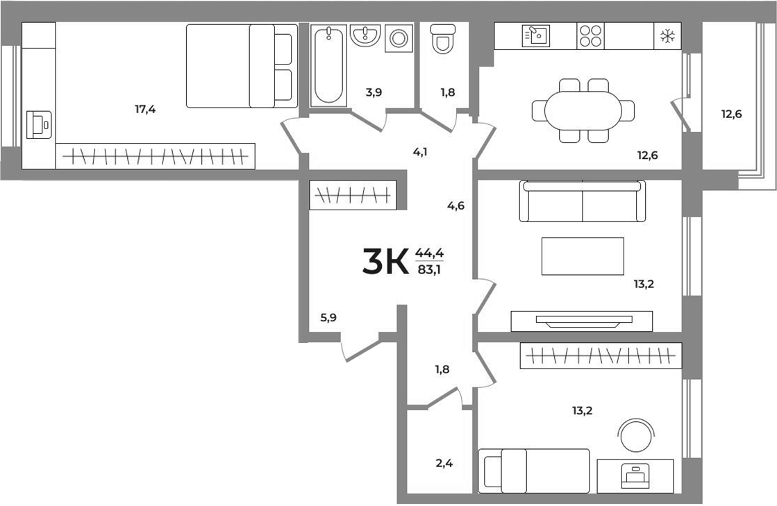 Планировка — Сергиев Пассаж на Беловежской, 3-комн., 77 м²