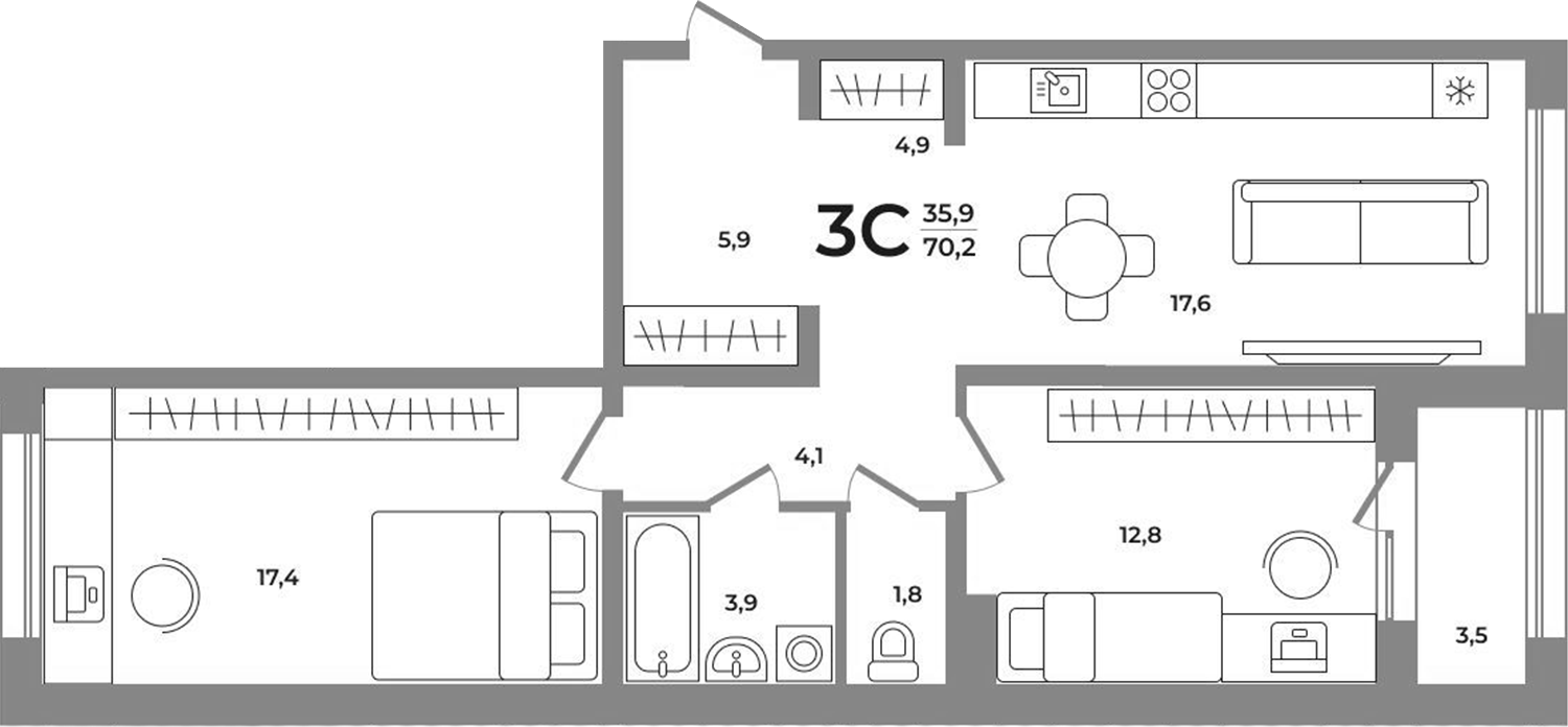 Планировка — Сергиев Пассаж на Беловежской, 3-комн., 68 м²