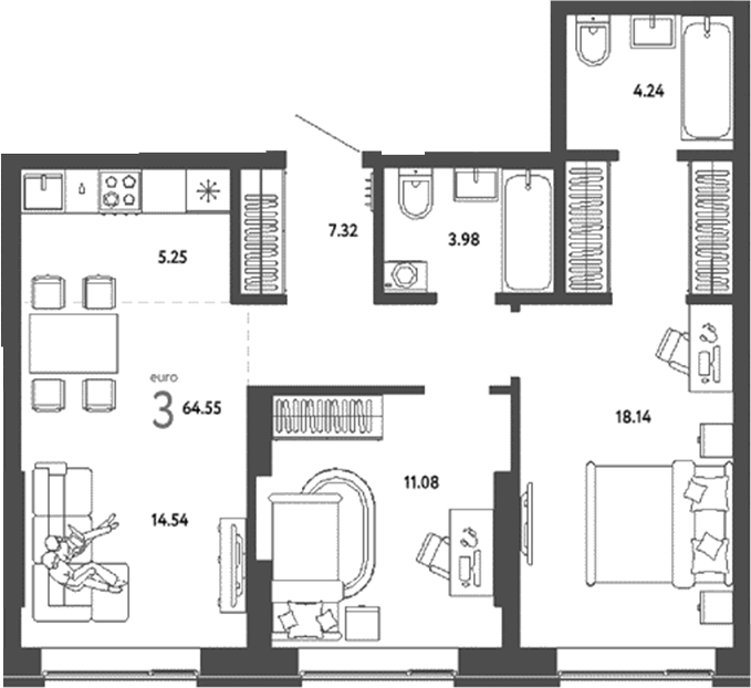 Планировка — Страна. Береговая, 3-комн., 65 м²