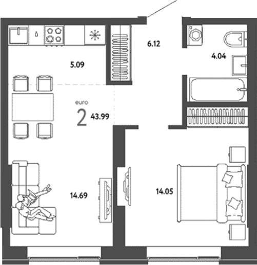Планировка — Страна. Береговая, 2-комн., 44 м²