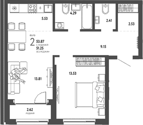 Планировка — Страна. Береговая, 2-комн., 51 м²
