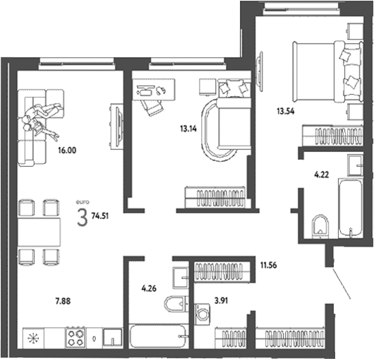 Планировка — Страна. Береговая, 3-комн., 75 м²