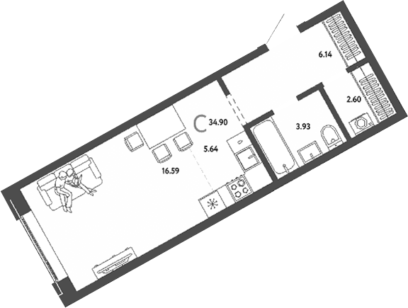 Планировка — Страна. Береговая, Студия, 35 м²