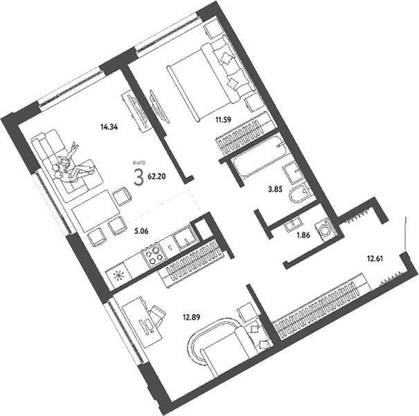 Планировка — Страна. Береговая, 3-комн., 62 м²