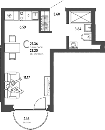 Планировка — Страна. Береговая, Студия, 25 м²
