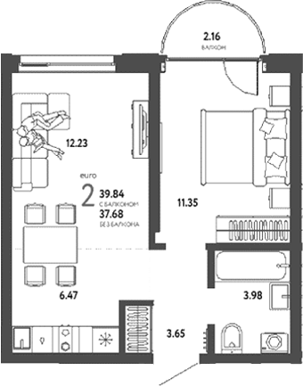 Планировка — Страна. Береговая, 2-комн., 38 м²