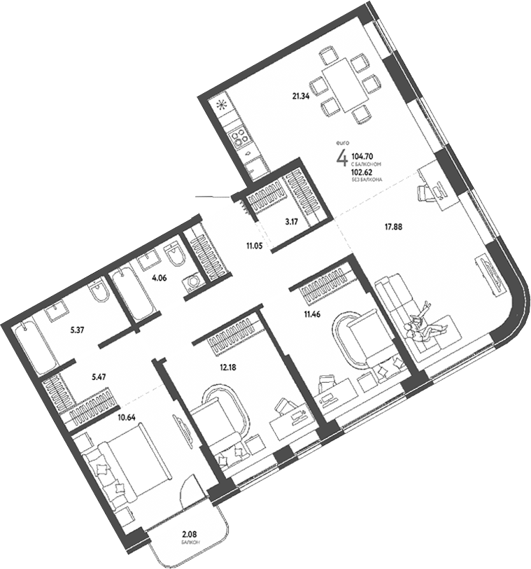 Планировка — Страна. Береговая, 4-комн., 103 м²