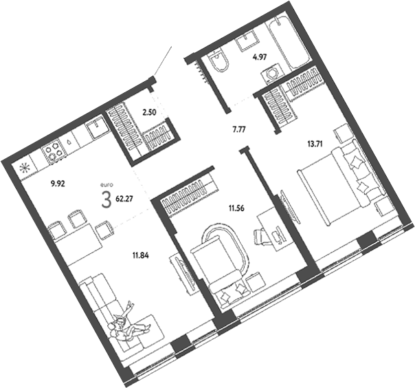 Планировка — Страна. Береговая, 3-комн., 62 м²
