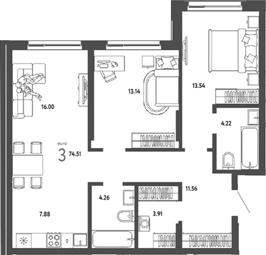 Планировка — Страна. Береговая, 3-комн., 75 м²