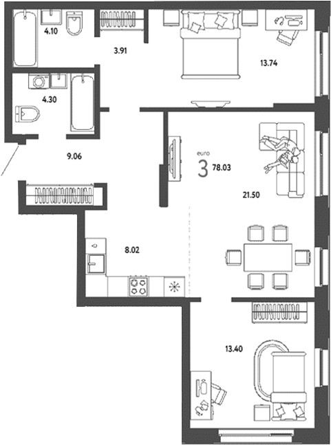 Планировка — Страна. Береговая, 3-комн., 78 м²