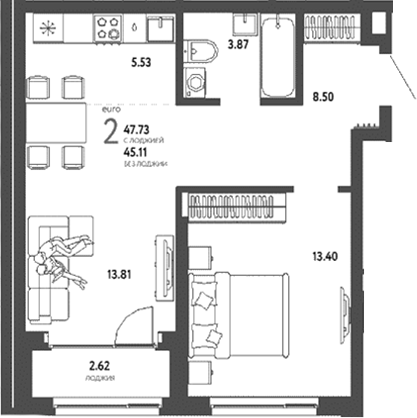 Планировка — Страна. Береговая, 2-комн., 45 м²