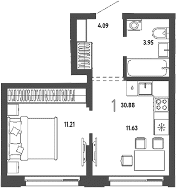 Планировка — Страна. Береговая, 1-комн., 31 м²