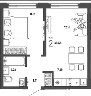 Планировка — Страна. Береговая, 2-комн., 39 м²