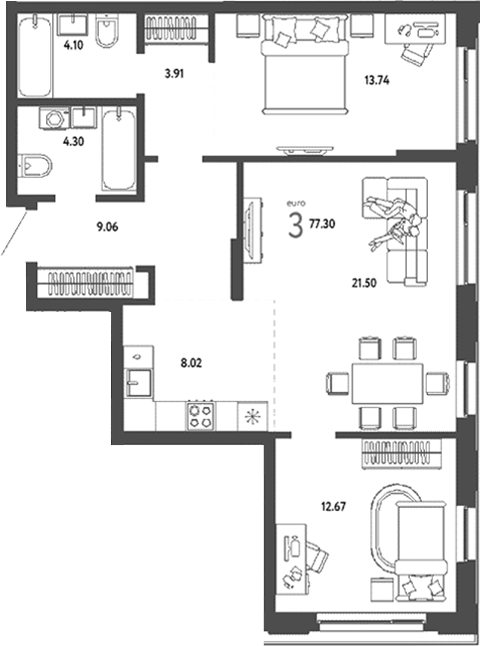 Планировка — Страна. Береговая, 3-комн., 77 м²