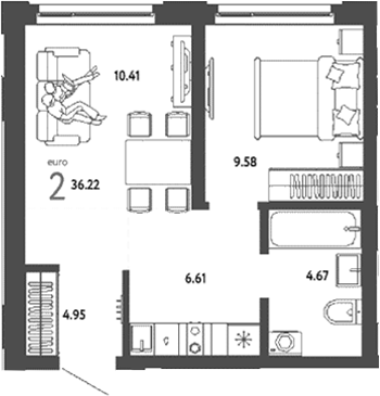 Планировка — Страна. Береговая, 2-комн., 36 м²