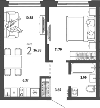 Планировка — Страна. Береговая, 2-комн., 36 м²