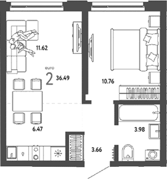 Планировка — Страна. Береговая, 2-комн., 36 м²