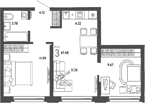 Планировка — Страна. Береговая, 3-комн., 47 м²