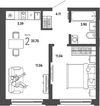 Планировка — Страна. Береговая, 2-комн., 36 м²