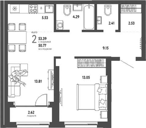 Планировка — Страна. Береговая, 2-комн., 51 м²