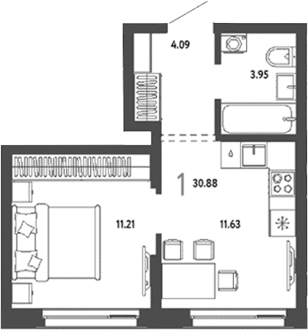 Планировка — Страна. Береговая, 1-комн., 31 м²