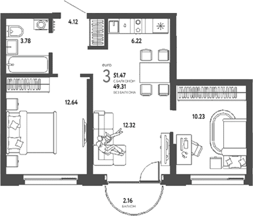 Планировка — Страна. Береговая, 3-комн., 49 м²