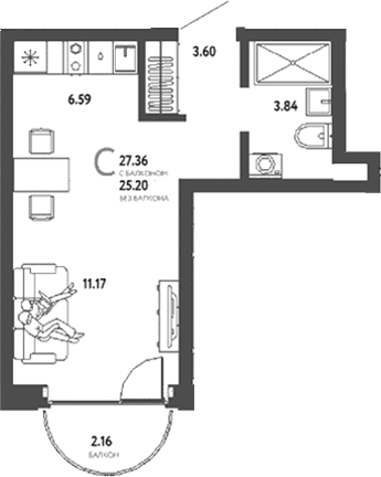 Планировка — Страна. Береговая, Студия, 25 м²