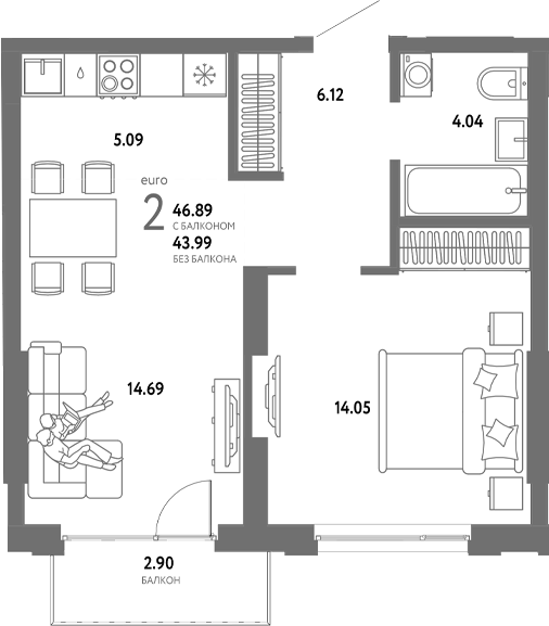 Планировка — Страна. Береговая, 2-комн., 44 м²
