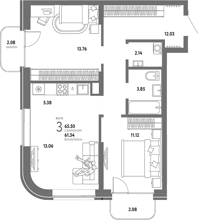 Планировка — Страна. Береговая, 3-комн., 61 м²
