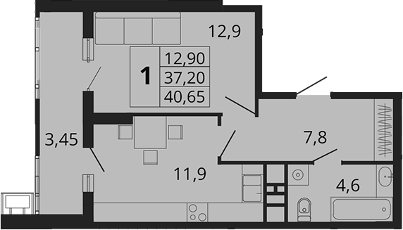Планировка — Родные Просторы, 1-комн., 37 м²