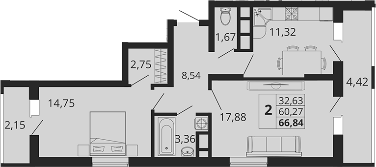 Планировка — Родные Просторы, 2-комн., 60 м²