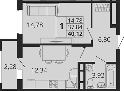 Планировка — Родные Просторы, 1-комн., 38 м²
