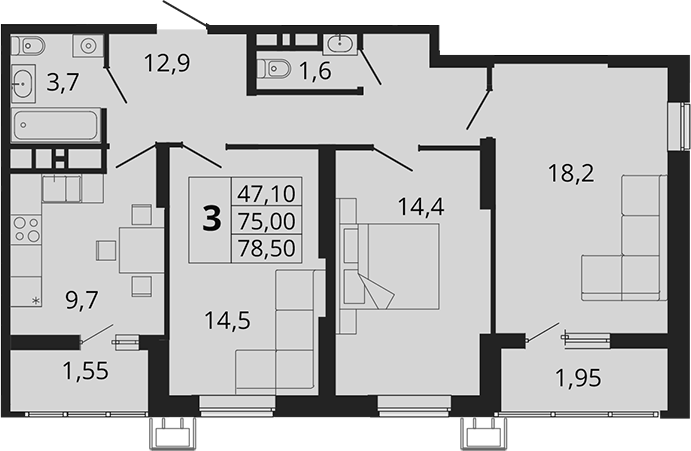 Планировка — Родные Просторы, 3-комн., 75 м²