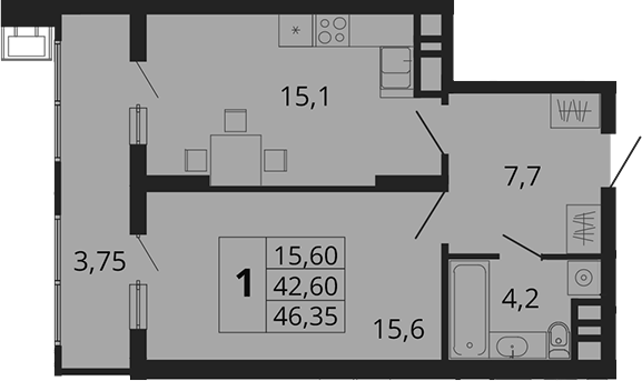 Планировка — Родные Просторы, 1-комн., 43 м²