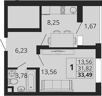 Планировка — Родные Просторы, 1-комн., 32 м²