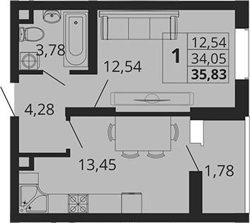 Планировка — Родные Просторы, 1-комн., 34 м²