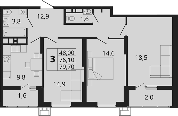 Планировка — Родные Просторы, 3-комн., 76 м²