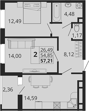 Планировка — Родные Просторы, 2-комн., 55 м²