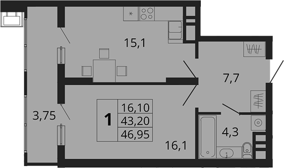 Планировка — Родные Просторы, 1-комн., 43 м²