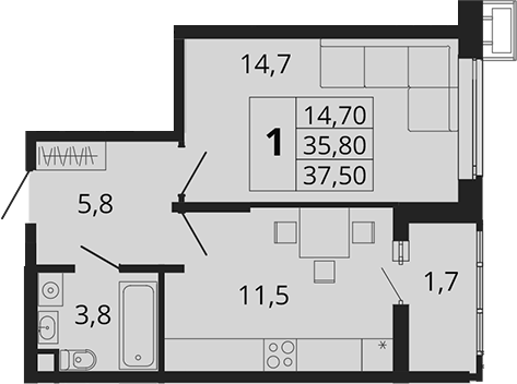 Планировка — Родные Просторы, 1-комн., 36 м²