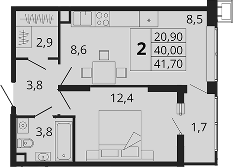 Планировка — Родные Просторы, 2-комн., 40 м²