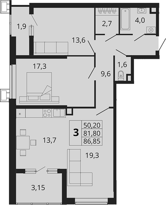 Планировка — Родные Просторы, 3-комн., 82 м²